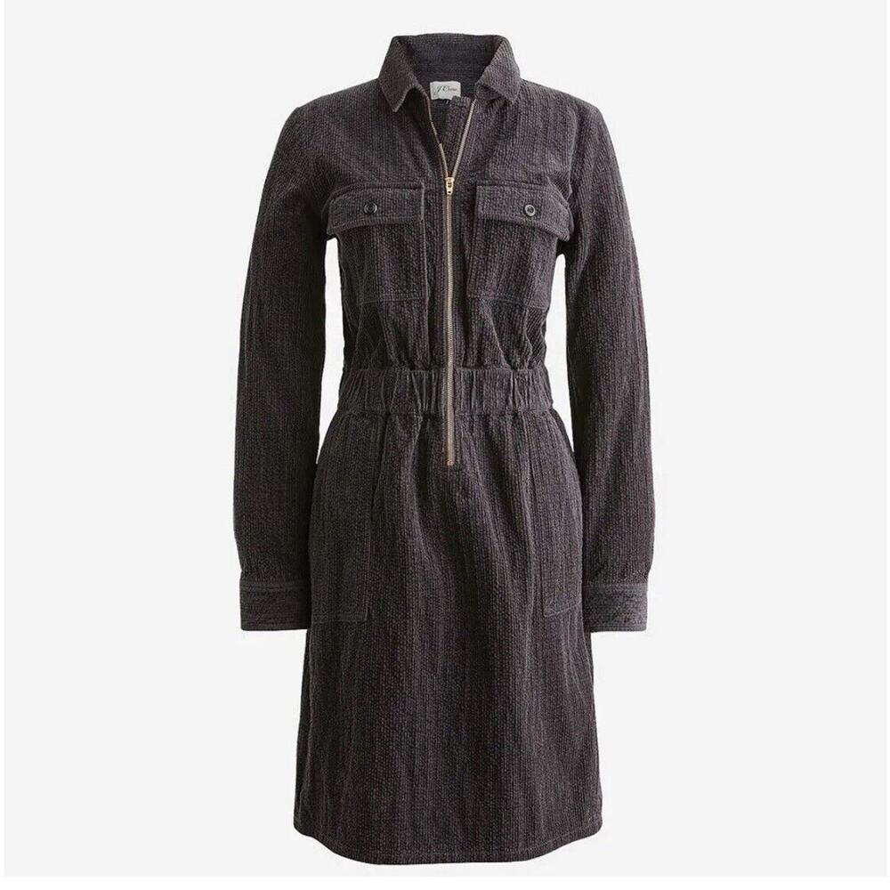 J Crew MSRP $178 Black Zip-Front Cinched Dress in Cotton Corduroy | Sz 22